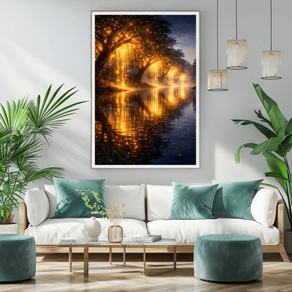 A vertical full-bleed landscape illustration in the style of Gustav Klimt. A row of weeping willow trees with branches made of liquid gold and sparkling embers lines a dark, tranquil river. The golden light reflects brilliantly on the water's surface under a dark twilight sky.
