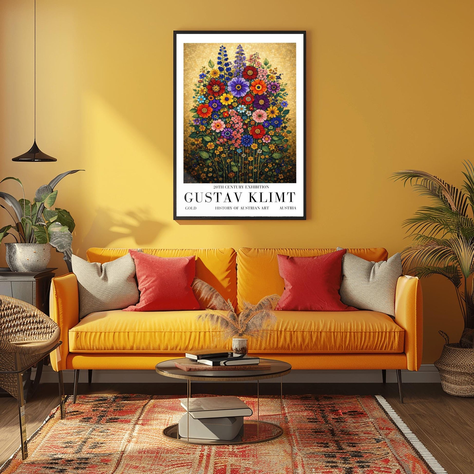 A vertical art print in the style of Gustav Klimt featuring a dense bouquet of colorful wildflowers. The flowers, including red, purple, and orange zinnias and tall blue delphiniums, are rendered as intricate mosaics with geometric patterns. The entire arrangement is set against a shimmering, gold-tiled background that glows with metallic light. The style is highly decorative, maximalist, and vibrant.