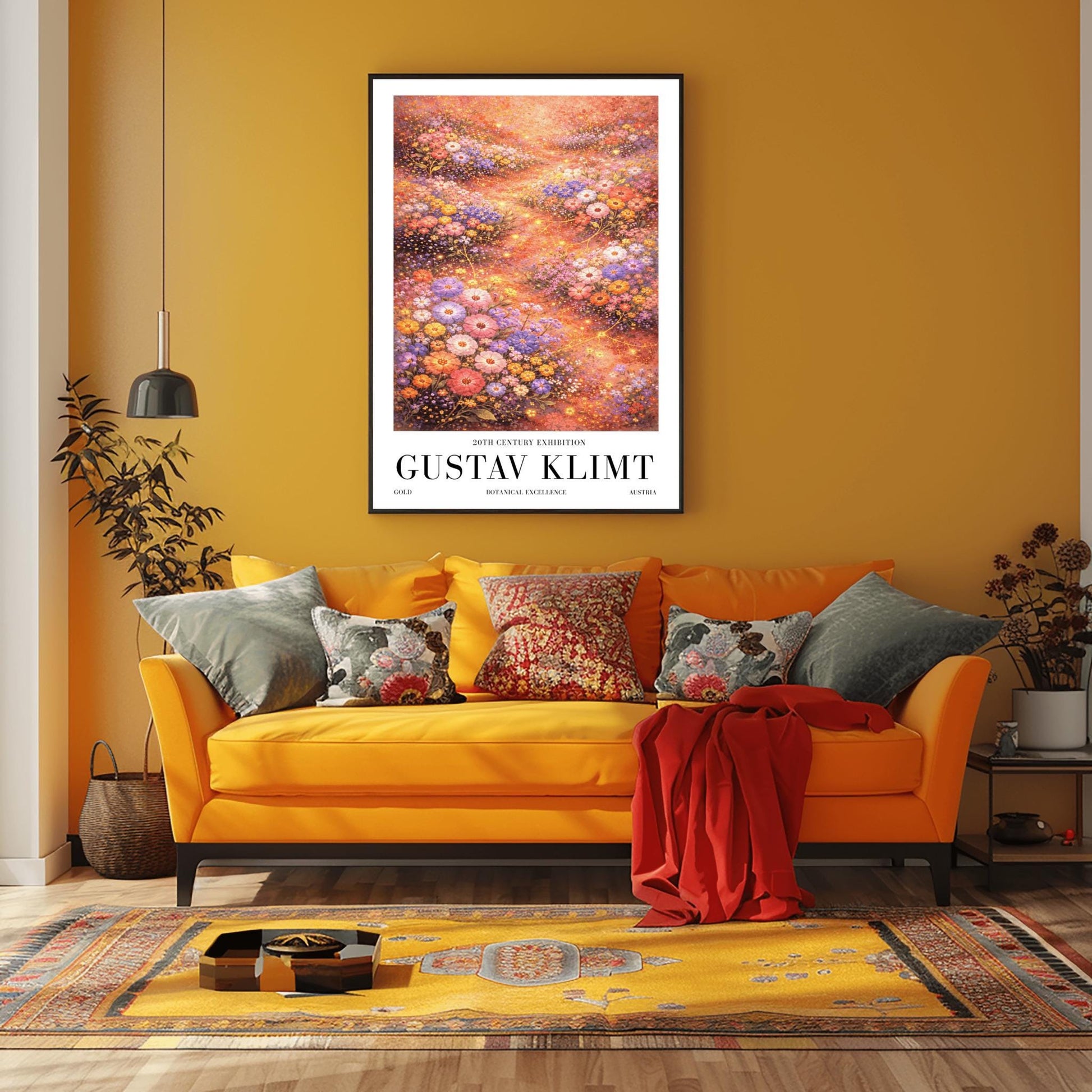A vertical, highly detailed Art Nouveau-style illustration of a dense wildflower meadow. Stylized flowers in shades of lavender, coral, and orange are outlined in gold. Shimmering golden particles float between the blooms against a warm, glowing amber background.
