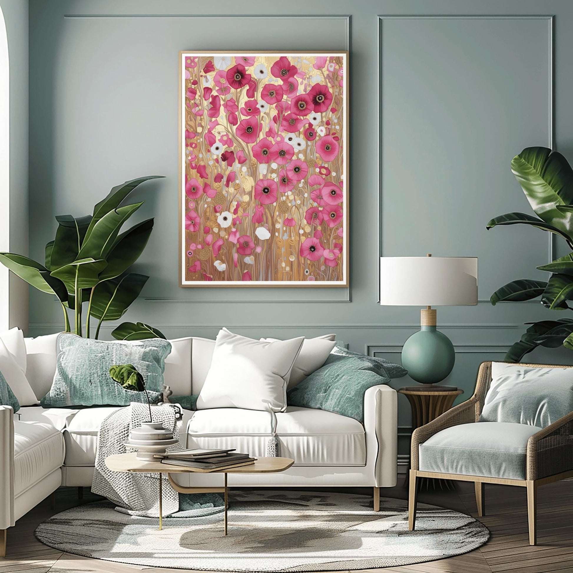 A vertical fine art print in the style of Gustav Klimt. A dense field of vibrant pink and soft white poppies grows against a shimmering, ornate gold leaf background. The scene is filled with golden spirals, geometric patterns, and delicate stems, creating a rich, mosaic-like floral tapestry.