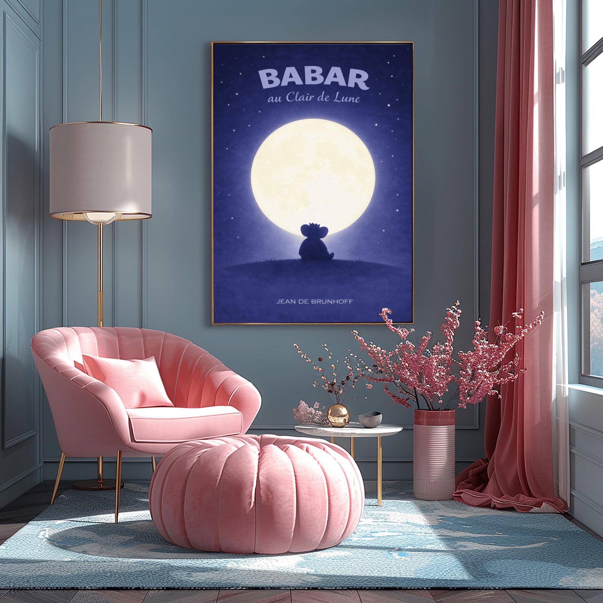 A vertical children's illustration poster titled "BABAR au Clair de Lune" in light blue. The scene shows the dark silhouette of an elephant (Babar) wearing a crown, sitting on a dark hill. A large, bright white full moon is centered behind him. The sky is a deep indigo blue filled with many small, twinkling white stars. The name "JEAN DE BRUNHOFF" is at the bottom.