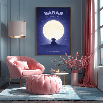 A vertical children's illustration poster titled "BABAR au Clair de Lune" in light blue. The scene shows the dark silhouette of an elephant (Babar) wearing a crown, sitting on a dark hill. A large, bright white full moon is centered behind him. The sky is a deep indigo blue filled with many small, twinkling white stars. The name "JEAN DE BRUNHOFF" is at the bottom.