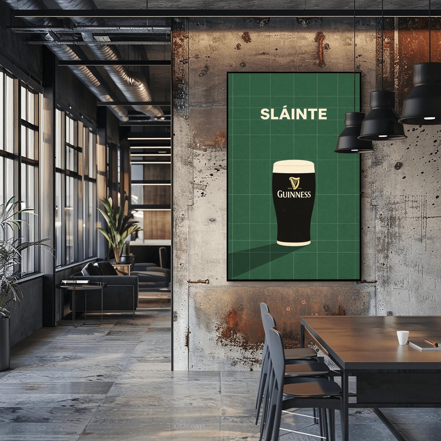 A vertical minimalist graphic with a dark green tiled background. A pint of Guinness with a gold harp logo sits at the bottom, casting a long shadow to the left. At the top, the word "SLÁINTE" is written in a bold, cream-colored font.