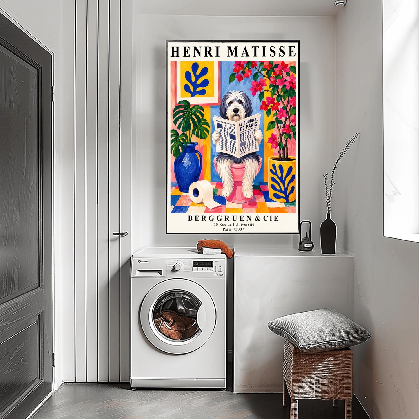 A vertical retro exhibition poster for Henri Matisse featuring a wide cream border. The central image shows a colorful Fauvism-style painting of a fluffy black-and-white Bearded Collie dog sitting on a pink toilet. The dog has shaggy fur and is looking forward while holding open a newspaper titled "LE JOURNAL DE PARIS". The background is a vibrant bathroom with a checkered mosaic floor, blue and yellow planters holding green monstera leaves