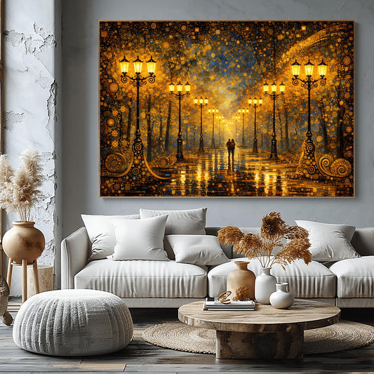 A horizontal fine art print in the style of Gustav Klimt. A couple walks down a rain-slicked park path lined with ornate, glowing golden lamp posts. The trees are made of gold and amber mosaic patterns under a dark blue sky filled with golden stars and geometric shapes. High contrast with radiant gold and deep navy tones.