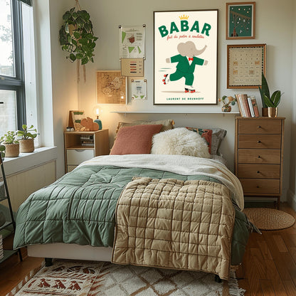 A vertical storybook-style art print of Babar the Elephant roller skating against a cream background. Babar is wearing his signature green suit and red bow tie. He is balanced on white roller skates with red wheels, with one foot lifted behind him. The top of the print features the word "BABAR" in large green letters above the red script text "fait du patin à roulettes" and a small gold crown. The name "LAURENT DE BRUNHOFF" is printed at the bottom.