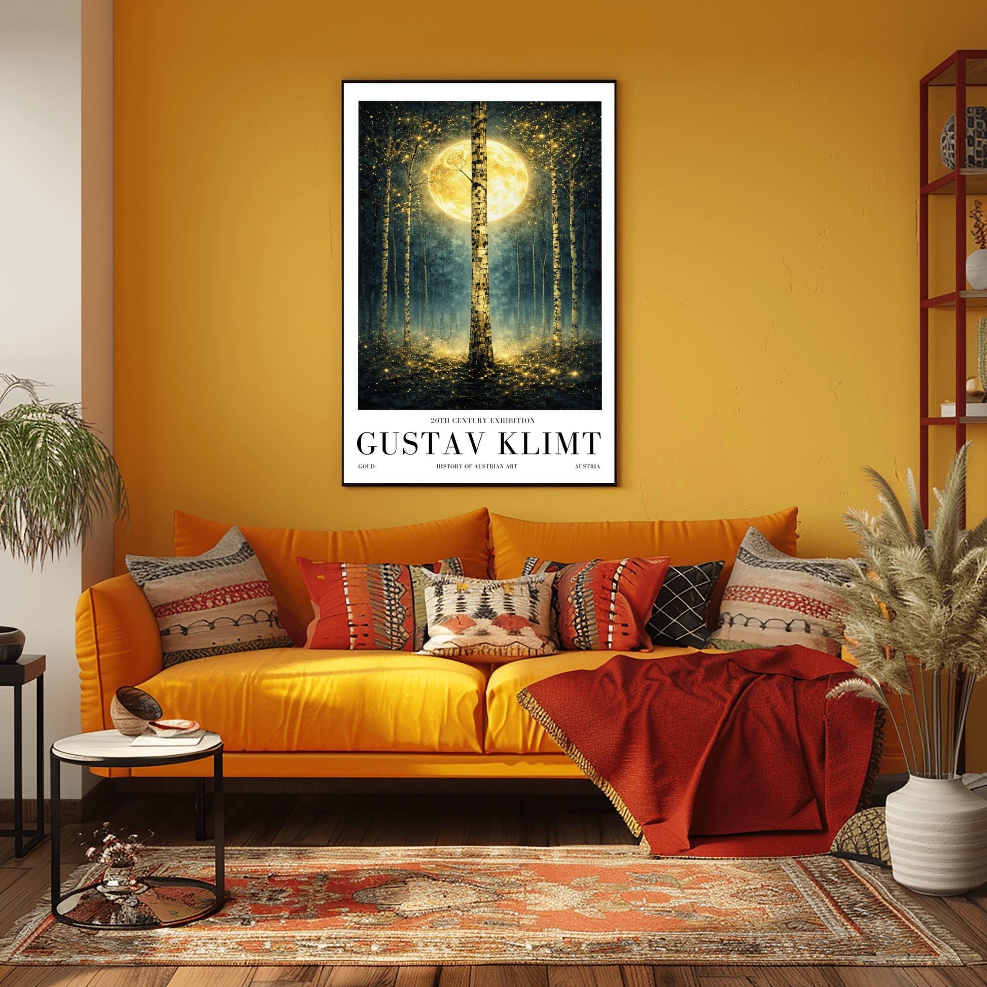 A vertical Art Nouveau-style illustration of a birch forest at night. A large golden moon hangs behind a central birch tree. The forest is filled with teal mist and shimmering golden stardust. The trees have intricate, mosaic-like textures on their bark.