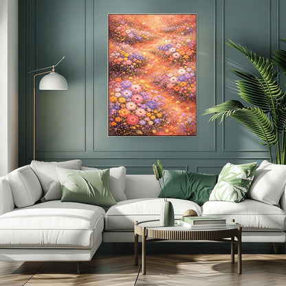 A vertical, highly detailed Art Nouveau-style illustration of a dense wildflower meadow. Stylized flowers in shades of lavender, coral, and orange are outlined in gold. Shimmering golden particles float between the blooms against a warm, glowing amber background.