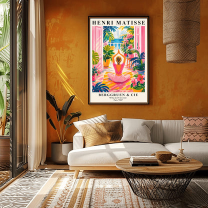 A vertical maximalist art print styled as a Henri Matisse exhibition poster. A woman with blonde hair tied back is seen from behind, sitting on a yellow-and-orange striped yoga mat in a yoga pose with her hands joined above her head. She faces open pink French doors that lead to a balcony with a view of a blue sea and a distant city. The terrace is filled with vibrant pink flowers, large green tropical plants in yellow pots, and a small wooden stool.