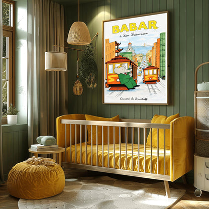 A vertical children's illustration poster titled "BABAR: j'adore la pluie" in orange and blue. King Babar, in a green suit and crown, is walking through the rain while holding a blue and yellow striped umbrella. He is carrying a small elephant wearing a pink rainsuit. They are walking through light blue puddles on a white background. The name "Laurent de Brunhoff" is at the bottom.