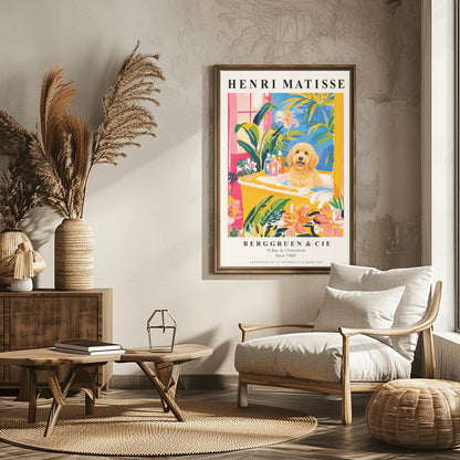 A vertical minimalist fine art exhibition poster in the style of Henri Matisse, shown framed on a wall above a luxury white bathtub. The poster has a wide white border with bold black text reading "HENRI MATISSE" and "BERGGRUEN & CIE". In the center painting, a fluffy golden doodle dog sits happily inside a yellow bathtub surrounded by vibrant pink, blue, and green tropical plants and orange flowers.