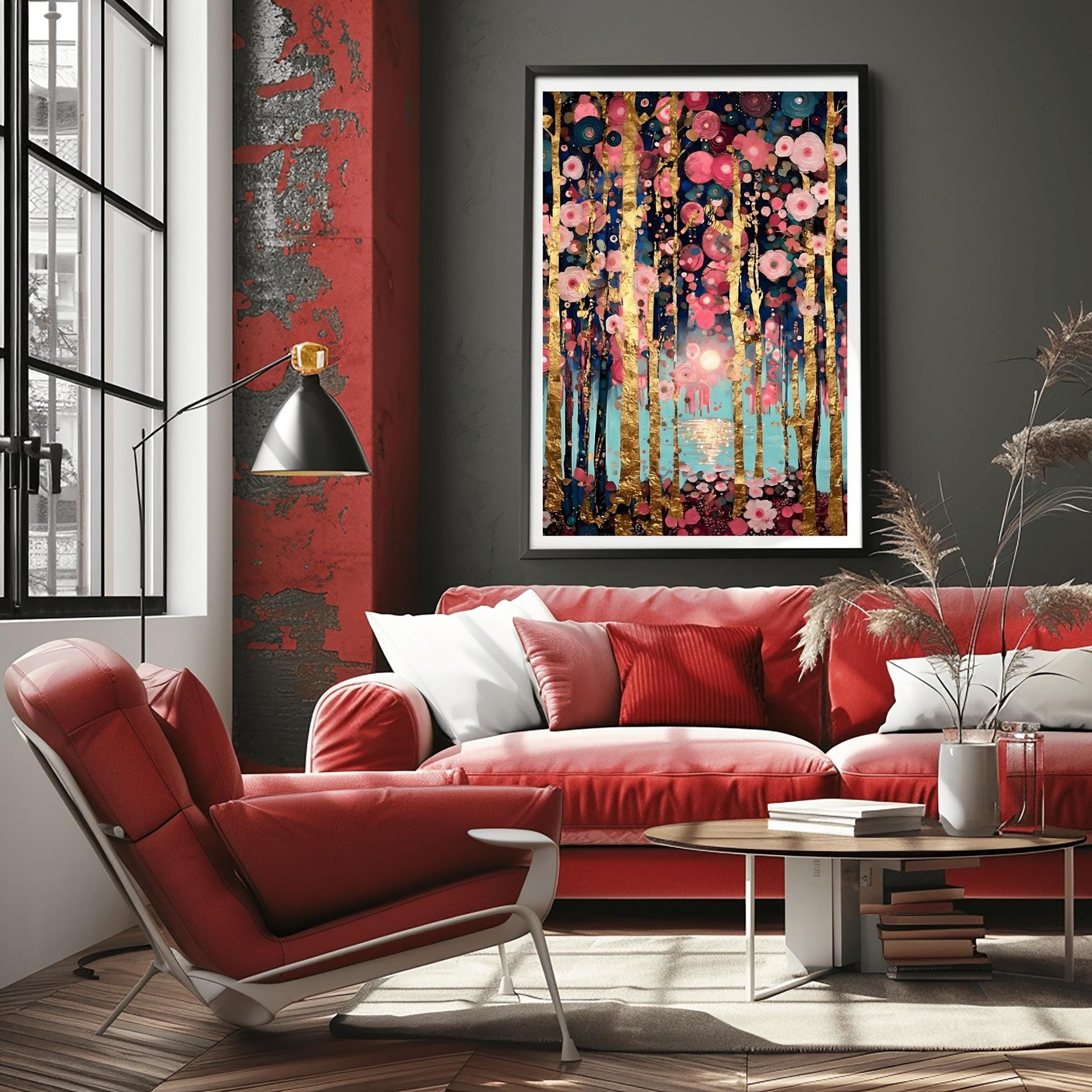 A vertical, highly detailed oil painting in the style of Gustav Klimt. Slender birch tree trunks with gold-leaf textures are surrounded by a dense field of pink, rose, and white circular floral mosaics. In the background, a soft sun reflects over a blue lake. The overall style is rich in texture with a sophisticated pink and gold color palette.