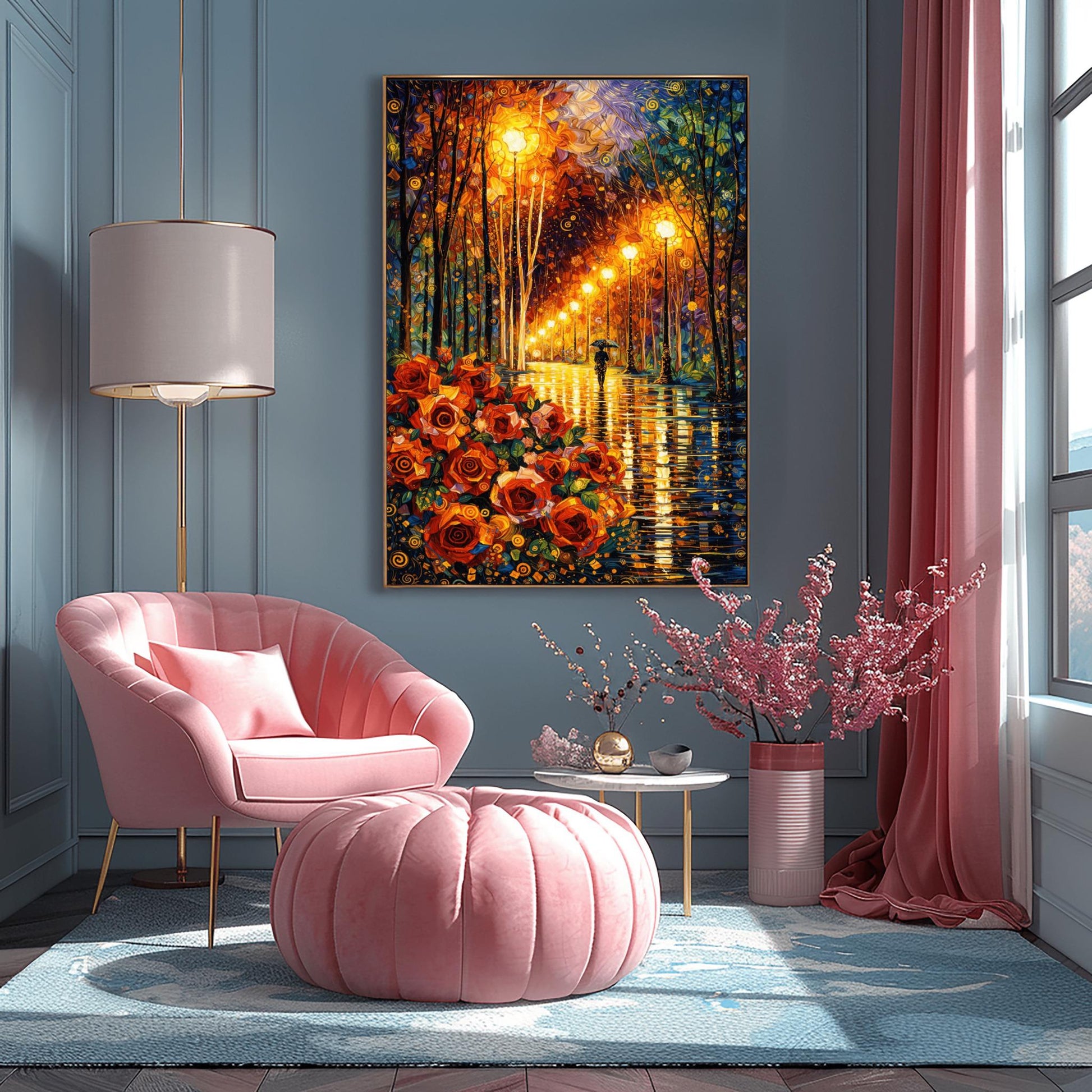 A vertical art print in the style of Gustav Klimt. In the bottom left, a large cluster of stylized red and orange roses with golden spiral centers is prominent. A rain-dampened path reflects the warm yellow light from a line of ornate street lamps. A small black silhouette of a person holding an umbrella walks down the path. The trees and sky are filled with decorative mosaics and swirls in blue, gold, and orange.