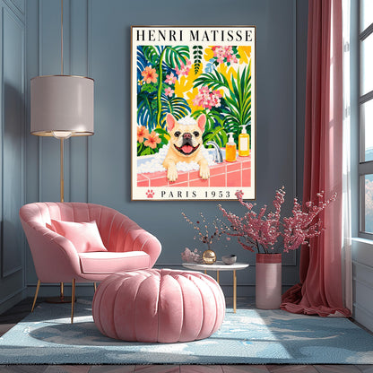 A vertical fine art exhibition poster in the style of Henri Matisse featuring a wide cream border. Bold black text reads "HENRI MATISSE" at the top and "PARIS 1953" at the bottom with two pink paw prints. The colorful painting inside depicts a cream French bulldog sitting in a bubble bath behind a pink tiled ledge, surrounded by a dense backdrop of green and blue tropical leaves, pink flowers, and yellow patterns.