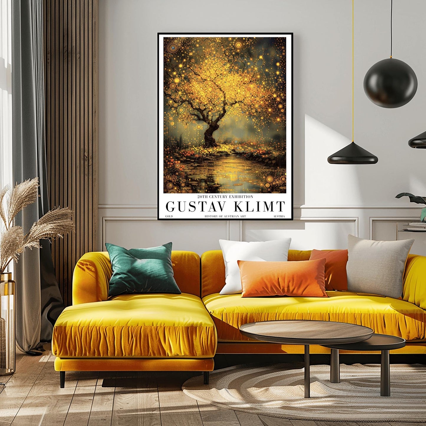A vertical museum exhibition poster in the style of Gustav Klimt. A large tree with a dense, glowing golden canopy stands beside a river. The water surface is covered in golden mosaic patterns and reflections. The ground is filled with small orange flowers. Bold black text at the bottom reads "GUSTAV KLIMT" and "HISTORY OF AUSTRIAN ART."