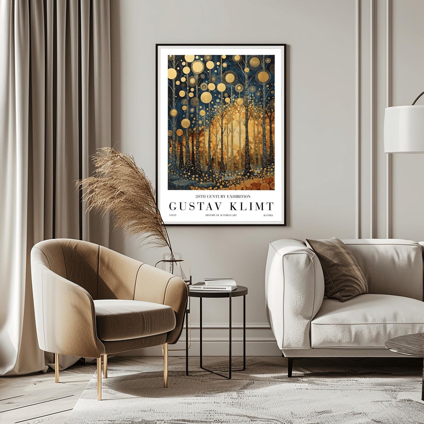 A vertical exhibition-style poster for a Gustav Klimt exhibit. The artwork features tall, slender trees with black bark covered in intricate gold scrolls and geometric patterns. Large, textured golden orbs float in the upper canopy. A warm, glowing light radiates from the center of the forest. The bottom margin features bold text reading "GUSTAV KLIMT" and "20TH CENTURY EXHIBITION."