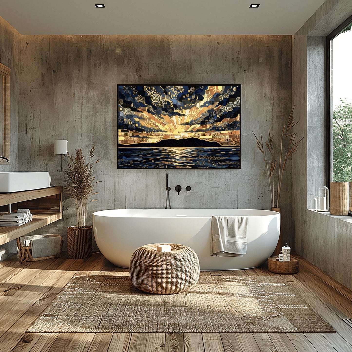 A horizontal fine art print in the style of Gustav Klimt. A golden sun sets behind a black mountain silhouette over a dark blue sea. The sky and water are filled with intricate gold leaf spirals, mosaic patterns, and geometric shapes. The color palette is a high-contrast blend of deep navy, charcoal, and radiant gold.