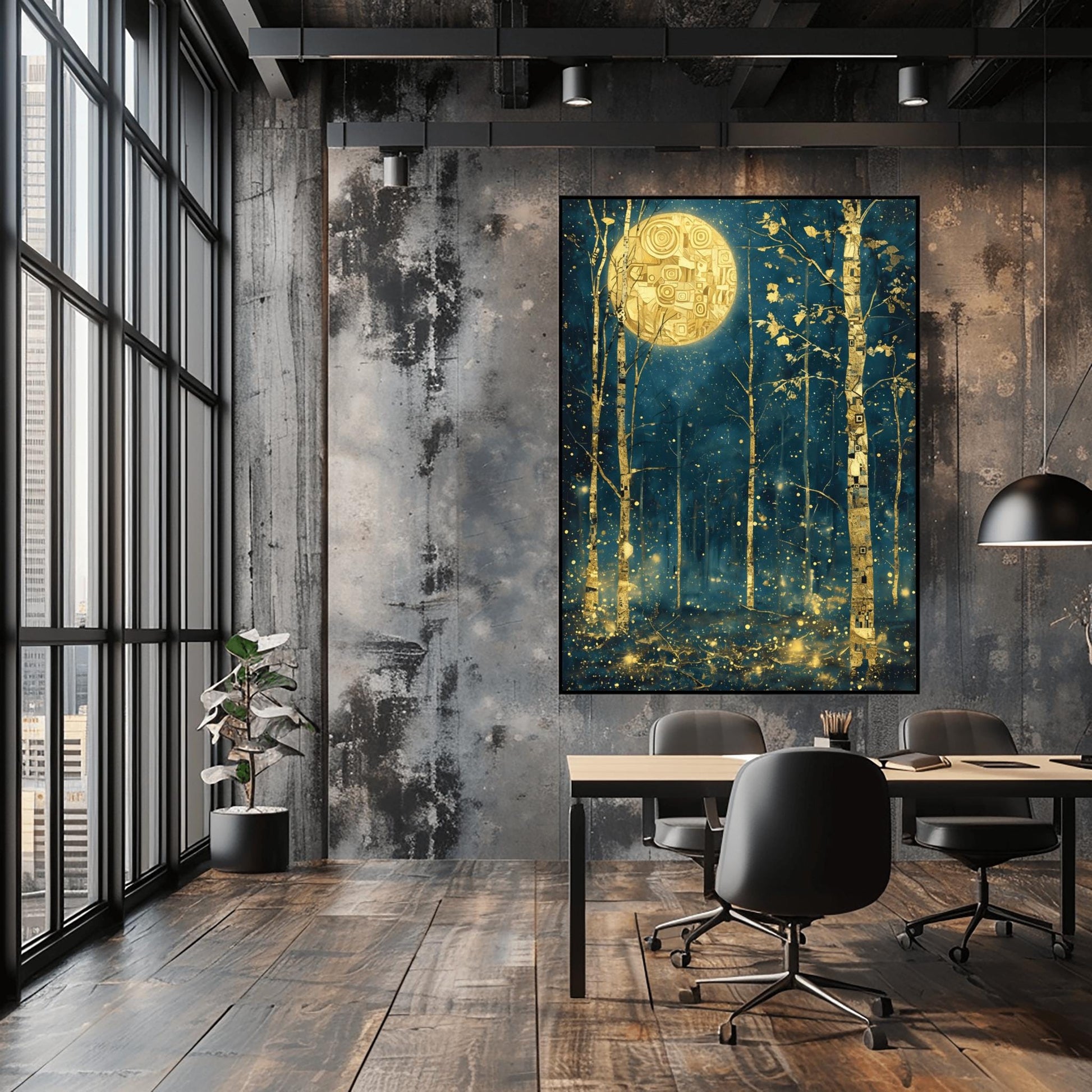 A vertical painting in the style of Gustav Klimt. Slender birch trees with gold-leaf bark and black geometric patterns stand in a dark navy forest at night. A large, bright gold moon with mosaic spirals hangs in the sky. The air is filled with glowing golden dots and fireflies. The overall style is rich in texture and golden ornamentation against a deep blue background.