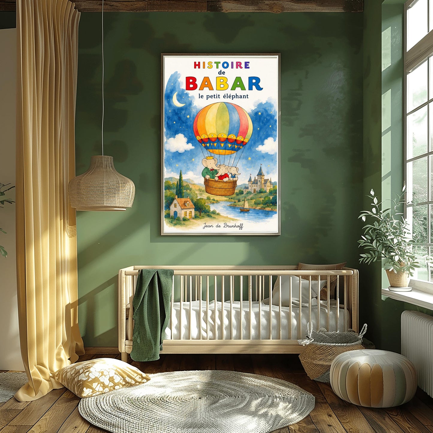 A vertical retro fine art exhibition poster titled "HISTOIRE de BABAR le petit éléphant" with a wide cream border. The illustration features a colorful hot air balloon carrying three elephants—one with a crown—floating in a sky that is half daytime blue and half starry dark blue with a crescent moon. Below them is a watercolor landscape of a river with a sailboat, a cottage, and a turleted castle. The signature "Jean de Brunhoff" anchors the bottom.