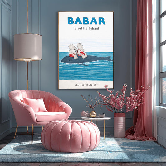 A vertical art print titled "BABAR le petit éléphant" in large blue letters. Two small grey elephants wearing red and white striped bathing suits are sitting on the back of a large dark blue whale swimming in the ocean. The water is a textured blue with white foam on the waves, and the name "JEAN DE BRUNHOFF" is at the bottom against a white background.