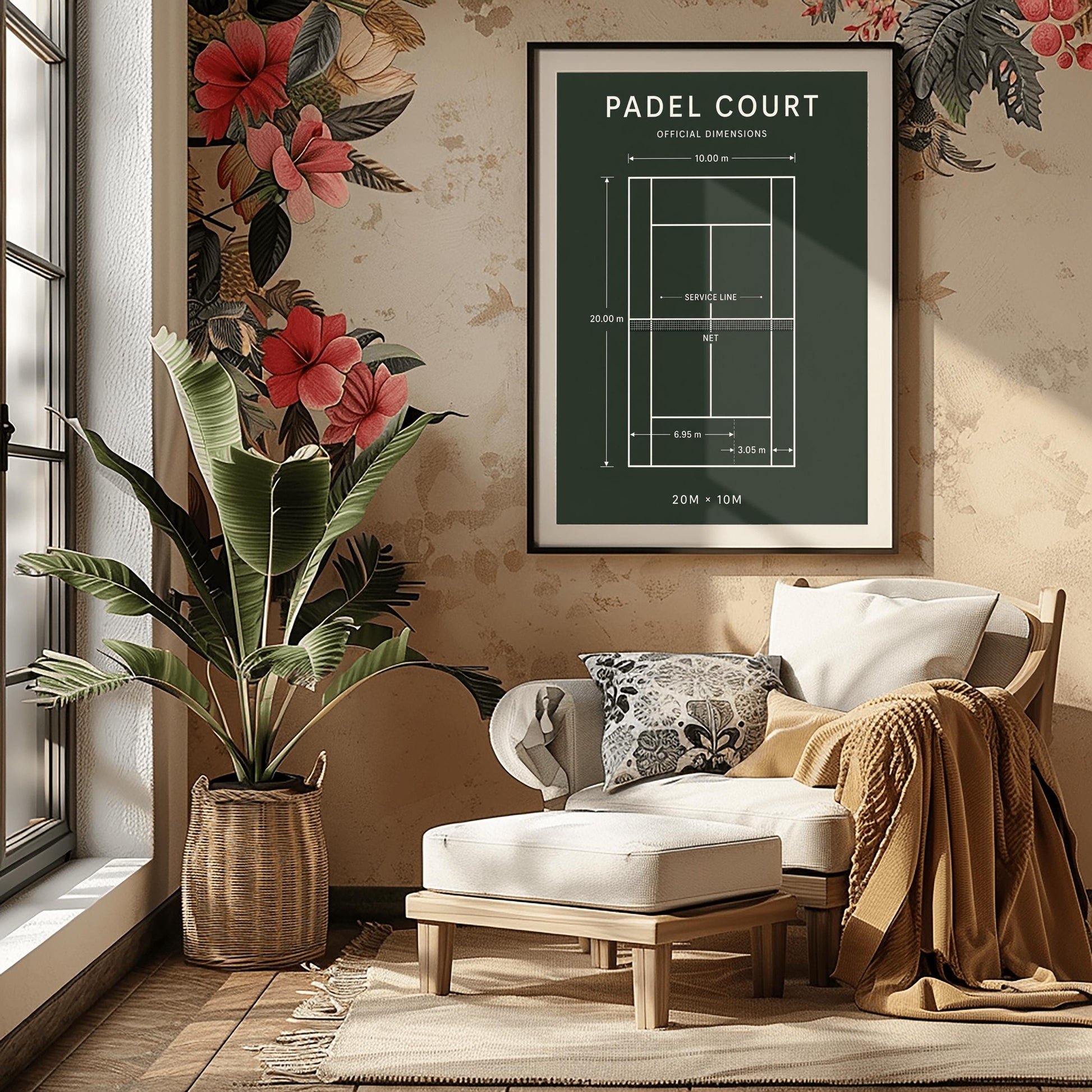 A vertical minimalist sports poster with a solid dark forest green background. At the top, the words "PADEL COURT" and "OFFICIAL DIMENSIONS" are written in a clean white sans-serif font. The center of the poster displays a top-down white schematic diagram of a padel court with text indicating the net, service line, and specific boundary dimensions like 20.00 m and 10.00 m. The bottom of the poster displays the text "20M × 10M".