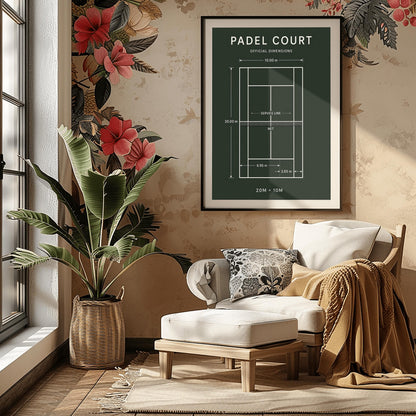 A vertical minimalist sports poster with a solid dark forest green background. At the top, the words "PADEL COURT" and "OFFICIAL DIMENSIONS" are written in a clean white sans-serif font. The center of the poster displays a top-down white schematic diagram of a padel court with text indicating the net, service line, and specific boundary dimensions like 20.00 m and 10.00 m. The bottom of the poster displays the text "20M × 10M".