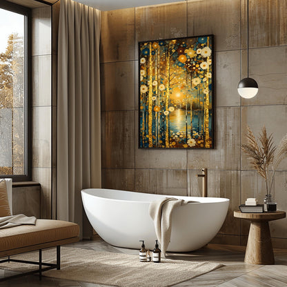 A vertical, highly detailed oil painting in the style of Gustav Klimt. A forest of slender birch trees with textured gold-leaf bark stands before a calm blue lake. A bright, glowing sun is centered in the background, reflecting a shimmering golden path on the water. The scene is filled with stylized, circular flowers in cream, gold, and deep blue. The overall style is rich in mosaic-like textures and opulent gold accents.