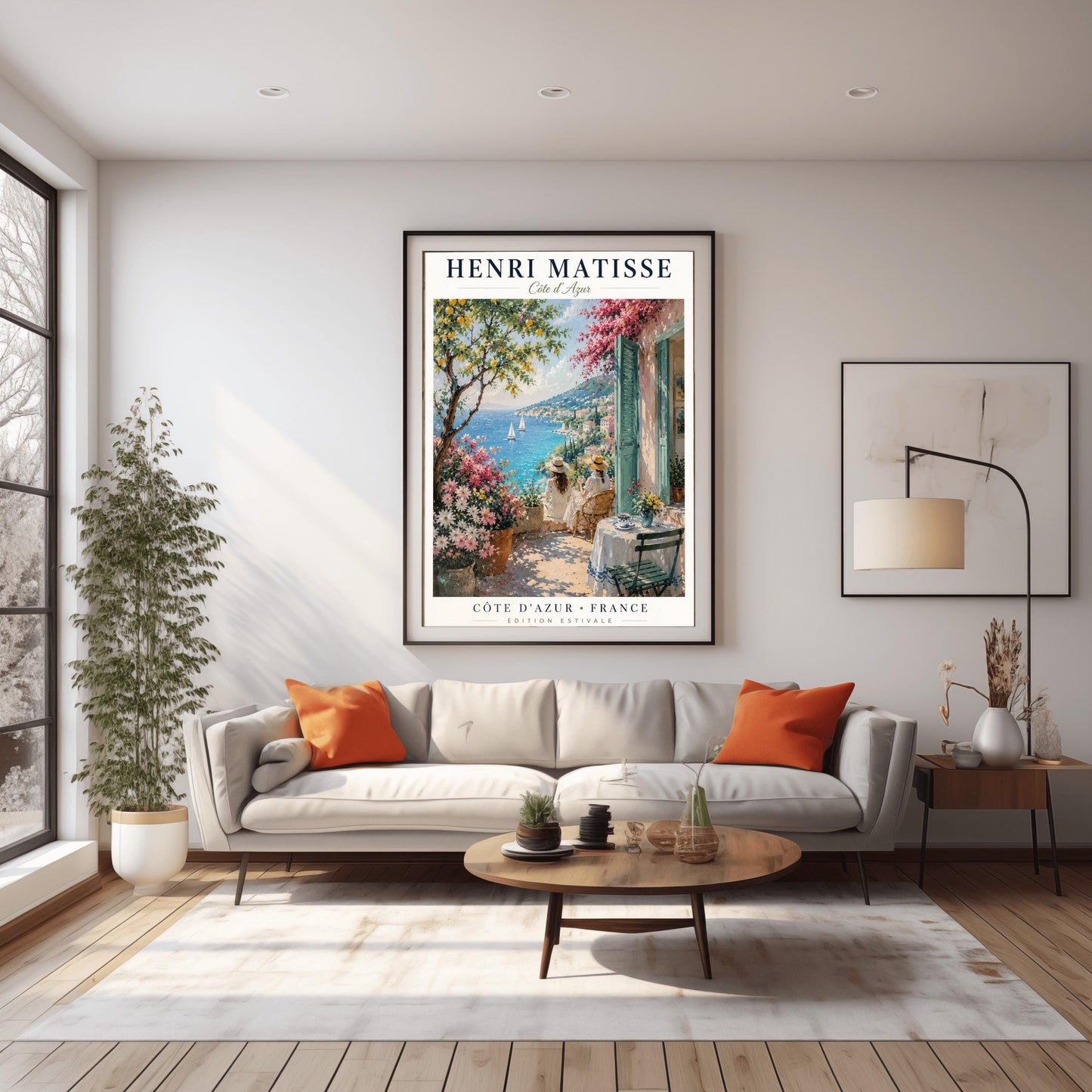 A vertical retro French exhibition poster for Henri Matisse Côte d'Azur on a wide ivory border, as seen in Screenshot 2026-06-06 at 23.18.59.png. The main image shows a beautiful summer illustration of a stone terrace overlooking the blue Mediterranean Sea where two white sailboats float. On the terrace, two women wearing white dresses and straw hats sit facing the water. To the left stands a green lemon tree with yellow fruit and large pots of pink and white flowers.