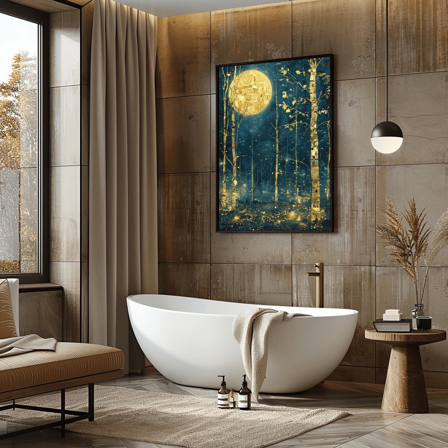 A vertical painting in the style of Gustav Klimt. Slender birch trees with gold-leaf bark and black geometric patterns stand in a dark navy forest at night. A large, bright gold moon with mosaic spirals hangs in the sky. The air is filled with glowing golden dots and fireflies. The overall style is rich in texture and golden ornamentation against a deep blue background.