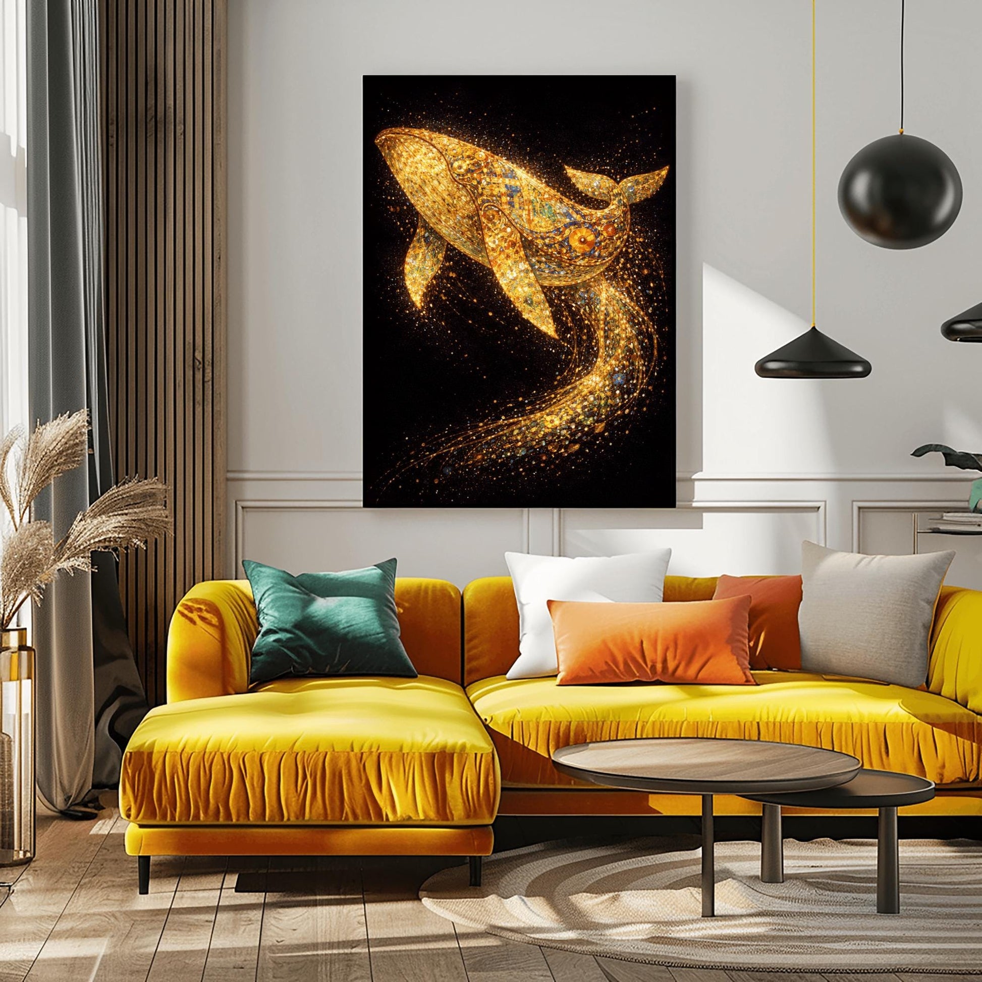 A vertical full-bleed illustration of a large whale in the style of Gustav Klimt. The whale is composed of gold mosaic patterns and spirals, swimming through a dark black ocean. Behind it, a long, curved trail of sparkling golden particles and embers flows through the water.