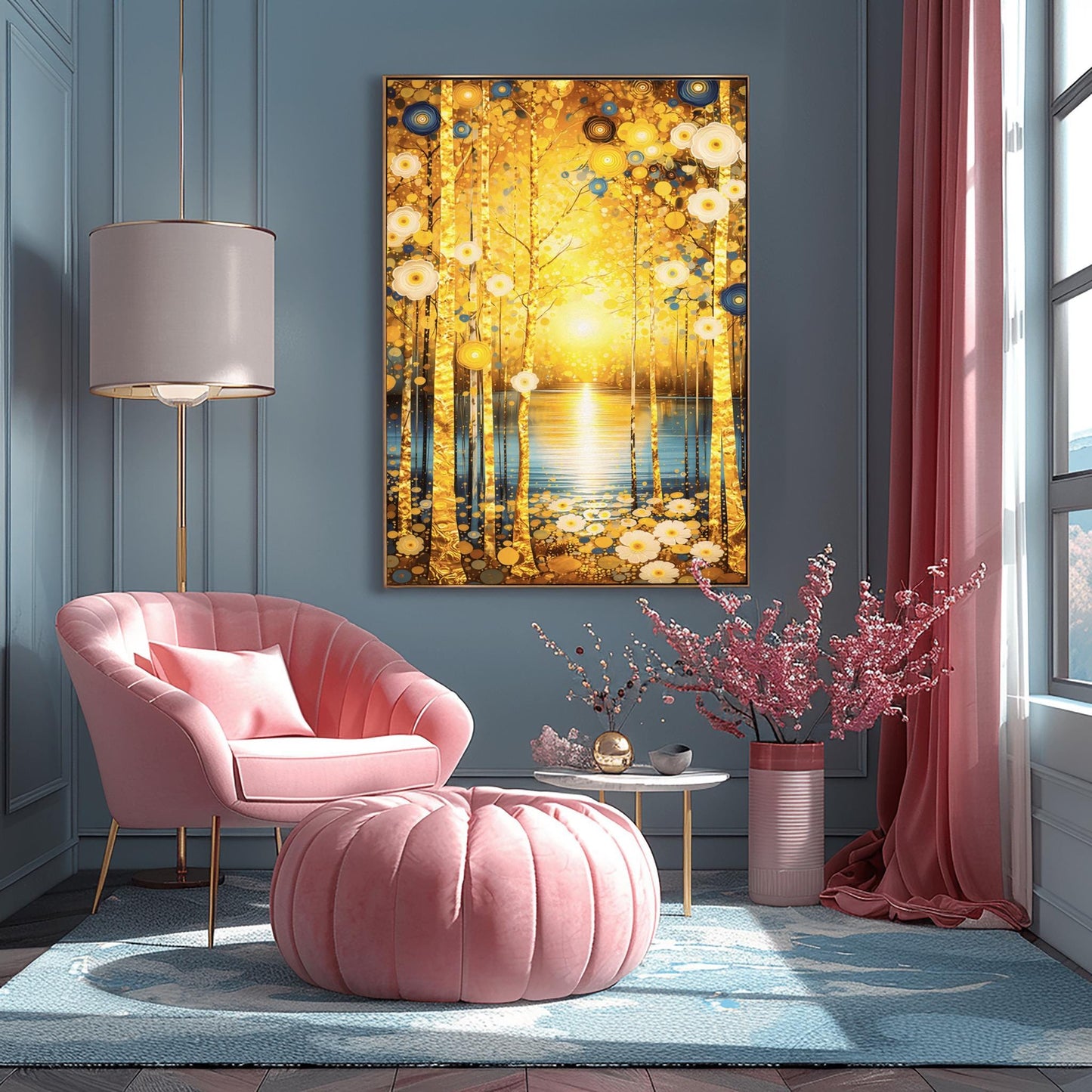 A vertical fine art landscape in the style of Gustav Klimt. Slender birch trees with textured gold leaf bark stand in the foreground. A brilliant sun sets over a calm blue lake in the background, creating a glowing reflection. The scene is decorated with stylized white daisies and blue circular floral motifs in an ornamental, symbolic style.