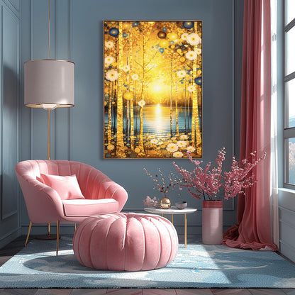 A vertical fine art landscape in the style of Gustav Klimt. Slender birch trees with textured gold leaf bark stand in the foreground. A brilliant sun sets over a calm blue lake in the background, creating a glowing reflection. The scene is decorated with stylized white daisies and blue circular floral motifs in an ornamental, symbolic style.