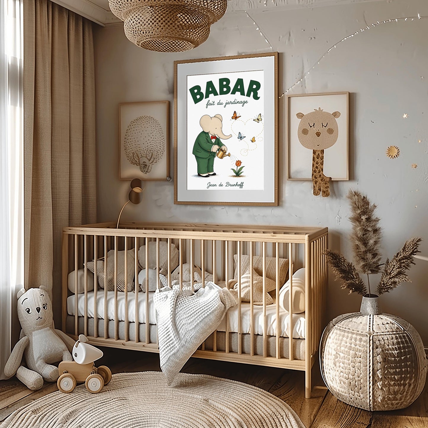 A vertical fine art exhibition poster featuring a classic illustration of Babar the Elephant by Jean de Brunhoff. Set within a wide white border on a textured off-white background, the elephant is shown in a green suit and red bowtie watering a red tulip with a gold can. Four butterflies fly nearby, leaving a dotted line that forms a heart shape. Bold green text at the top reads "BABAR fait du jardinage".