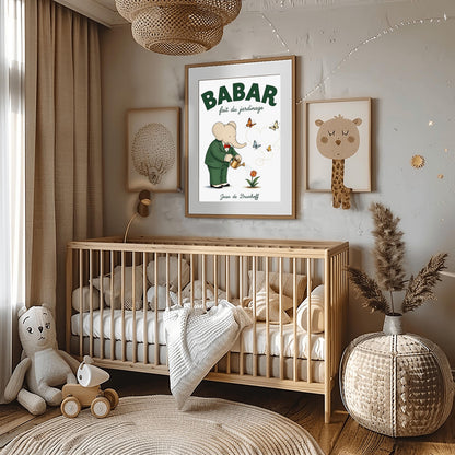 A vertical fine art exhibition poster featuring a classic illustration of Babar the Elephant by Jean de Brunhoff. Set within a wide white border on a textured off-white background, the elephant is shown in a green suit and red bowtie watering a red tulip with a gold can. Four butterflies fly nearby, leaving a dotted line that forms a heart shape. Bold green text at the top reads "BABAR fait du jardinage".