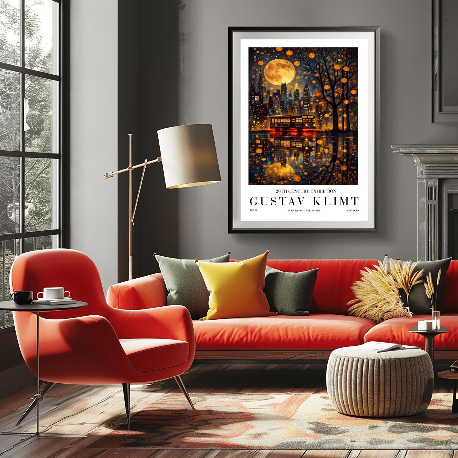 A vertical exhibition-style poster for a Gustav Klimt exhibit. The top half features the New York City skyline at night under a massive, patterned golden moon. A vintage trolley with "NEW YORK" on its sign sits on a wet street, reflecting the city lights and the moon in a shimmering gold mosaic pattern. A silhouetted tree on the right is filled with glowing golden lanterns. The bottom features bold text reading "GUSTAV KLIMT."