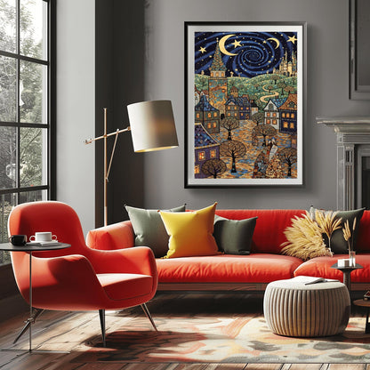 A vertical fine art print in the style of Gustav Klimt. A whimsical European village with mosaic-patterned houses and a tall tower sits under a swirling dark blue night sky. The sky features a large golden vortex, crescent moons, and stars. The ground is a colorful mosaic cobblestone path with spiral-patterned trees.