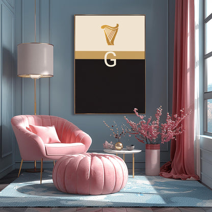 A vertical minimalist graphic art print. The top half is cream-colored with a golden harp icon at the top. A large, white serif letter "G" is centered in the middle but is split in half by a horizontal gold band. The bottom half of the poster is solid, deep black. The design is a modern, graphic tribute to the Guinness brand colors and symbols.