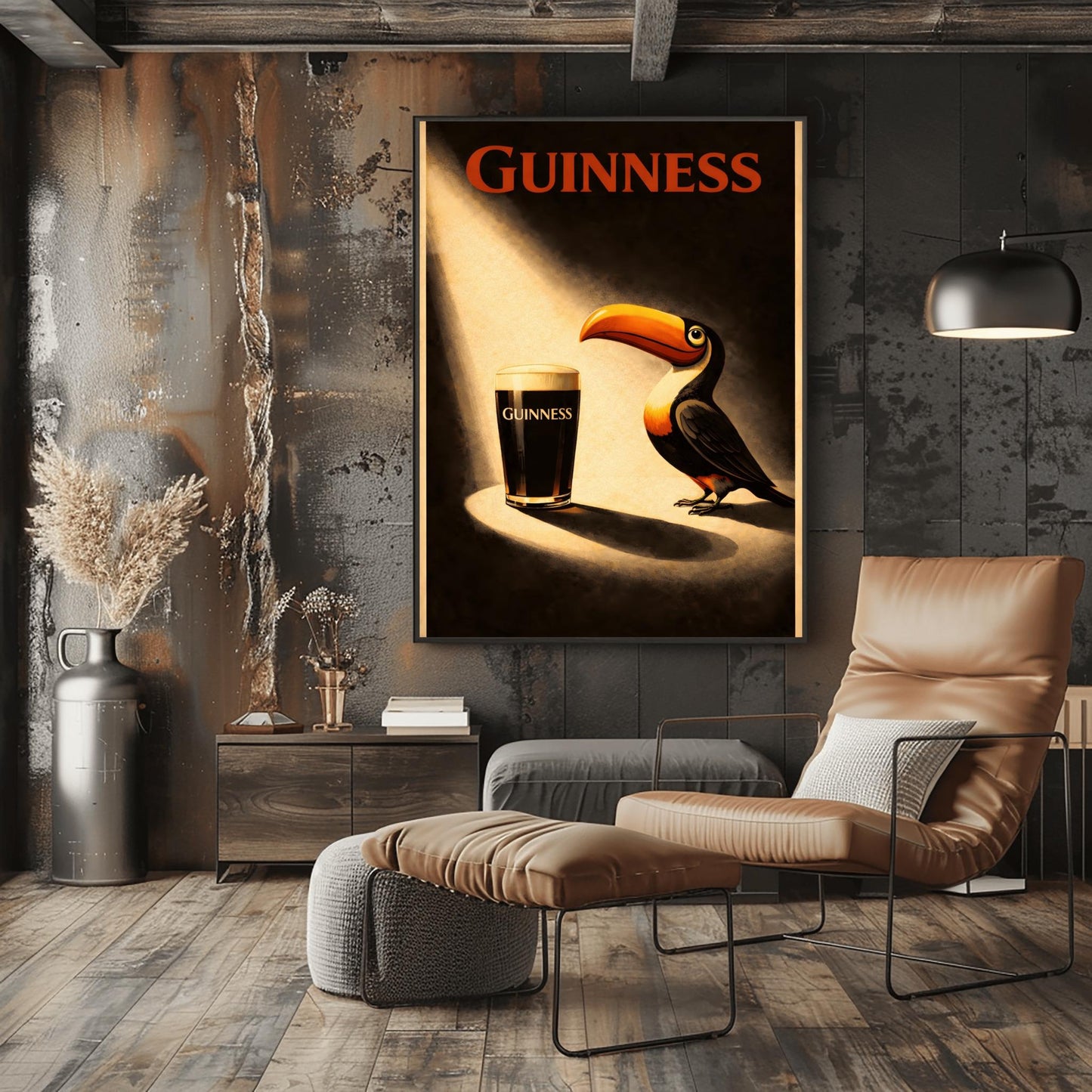 A vertical vintage-style poster. A bright spotlight shines down on a pint of Guinness with a creamy head. A colorful toucan stands in the light next to the glass, looking at it. The background is dark and moody with "GUINNESS" written in red at the top.