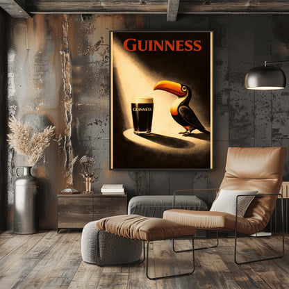 A vertical vintage-style poster. A bright spotlight shines down on a pint of Guinness with a creamy head. A colorful toucan stands in the light next to the glass, looking at it. The background is dark and moody with "GUINNESS" written in red at the top.