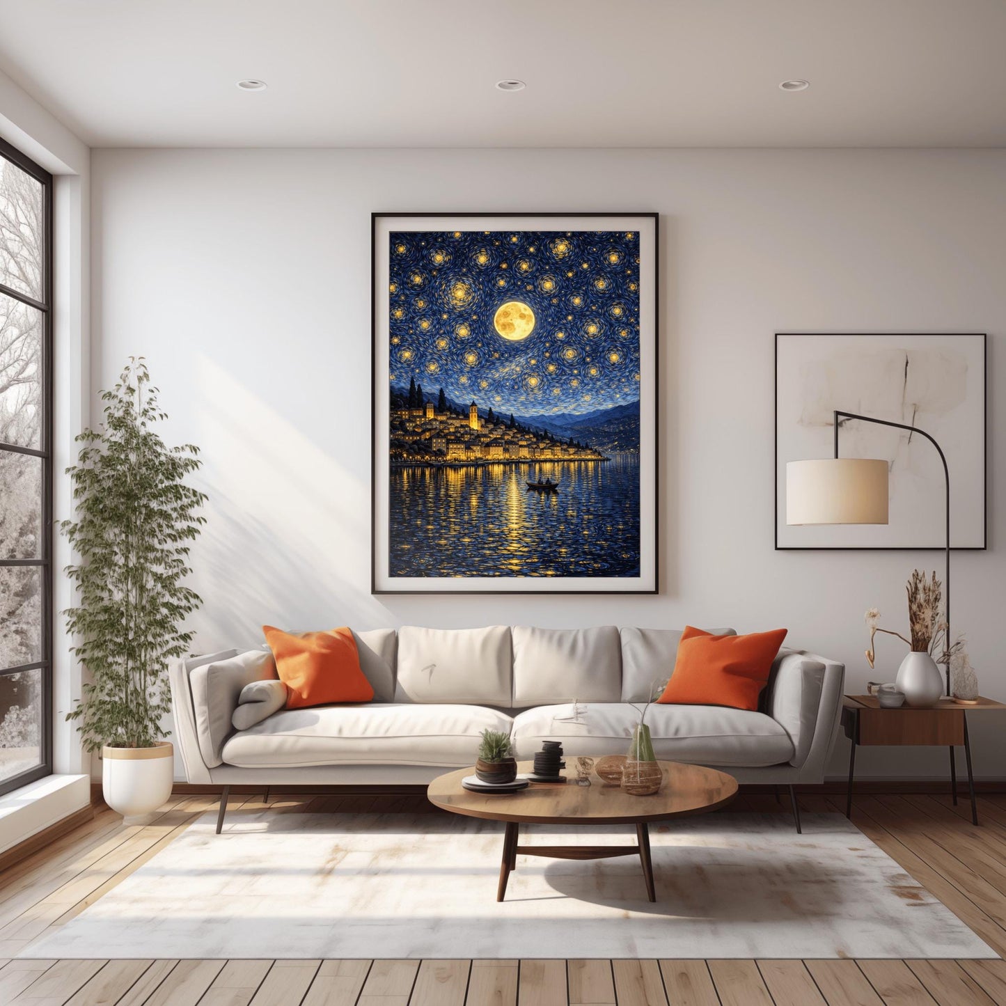 A vertical digital illustration of a coastal town at night in an impressionist style. A large full moon and many swirling yellow stars fill a deep blue sky. The golden lights of the hillside buildings reflect in the water below. A small rowboat with two people is in the foreground.