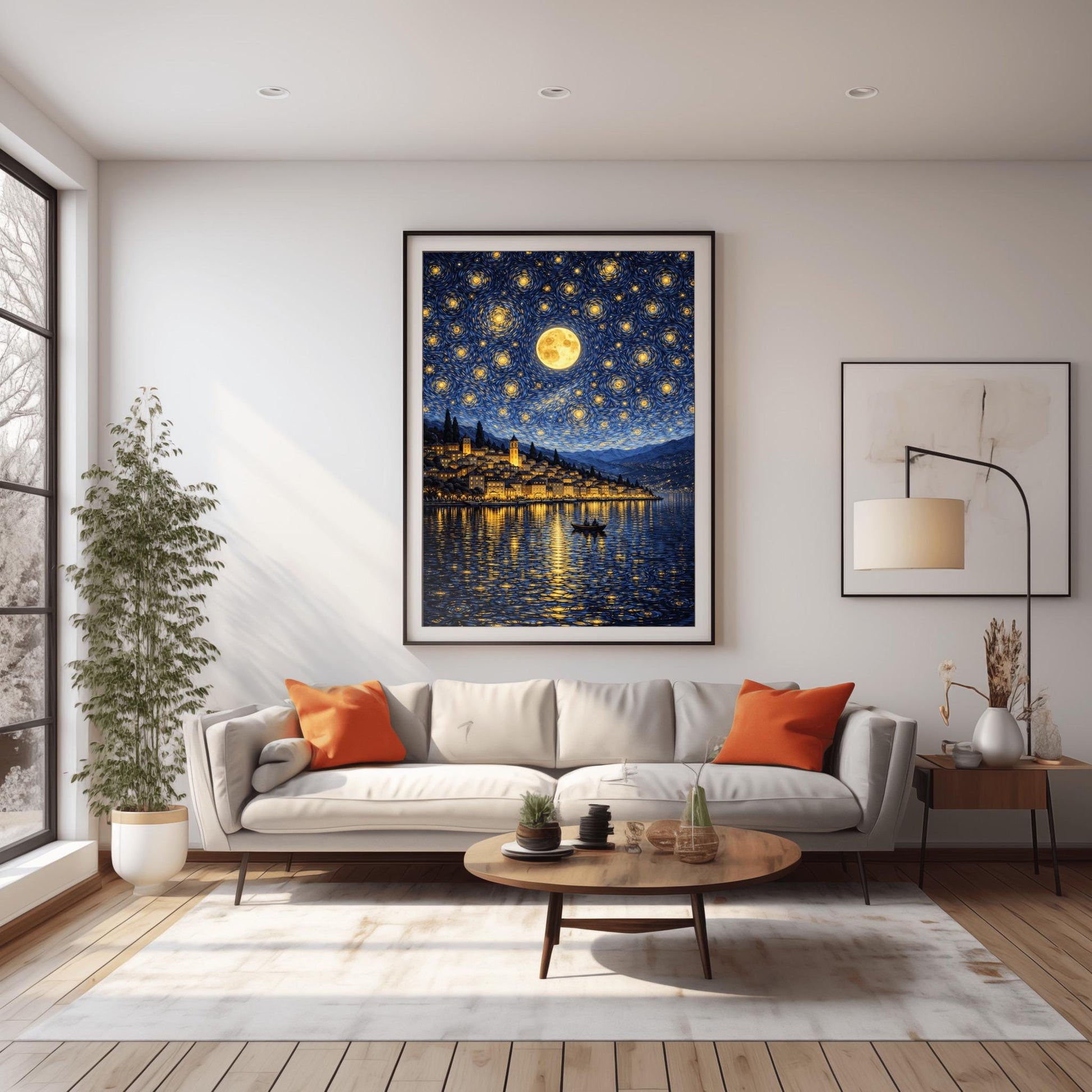 A vertical digital illustration of a coastal town at night in an impressionist style. A large full moon and many swirling yellow stars fill a deep blue sky. The golden lights of the hillside buildings reflect in the water below. A small rowboat with two people is in the foreground.