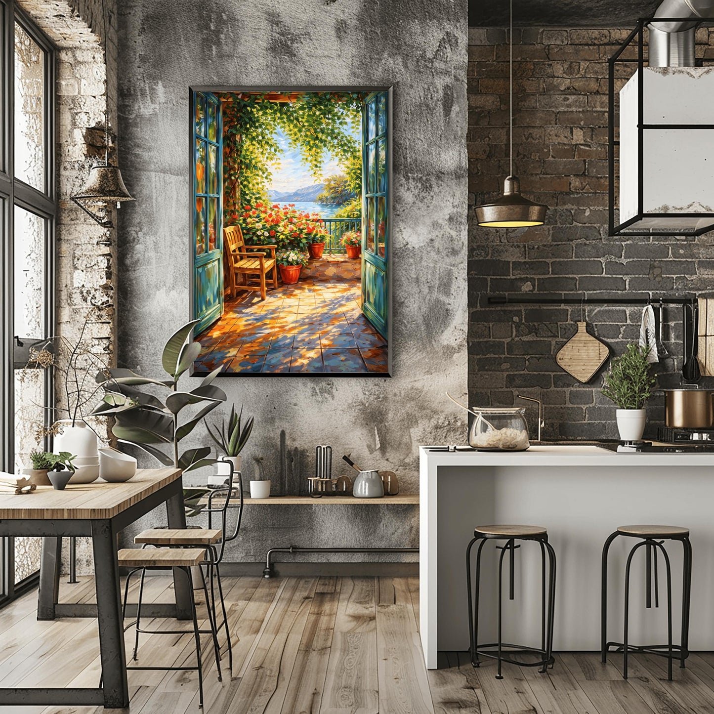 A vertical painterly illustration in the style of Henri Matisse, showing an open blue-framed doorway looking out onto a sun-drenched Mediterranean balcony. A wooden chair sits on a tiled floor covered in dappled shadows from overhanging green leaves. Bright red and white flowers in terracotta pots line the stone railing. In the background, a calm blue sea stretches toward soft blue mountains under a clear sky.