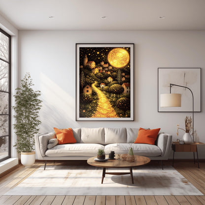 A vertical fine art landscape in the style of Gustav Klimt. A huge, textured golden moon shines in a starry night sky. A glowing golden path winds up a hillside past trees filled with shimmering golden dots toward a village of small houses with lit windows.