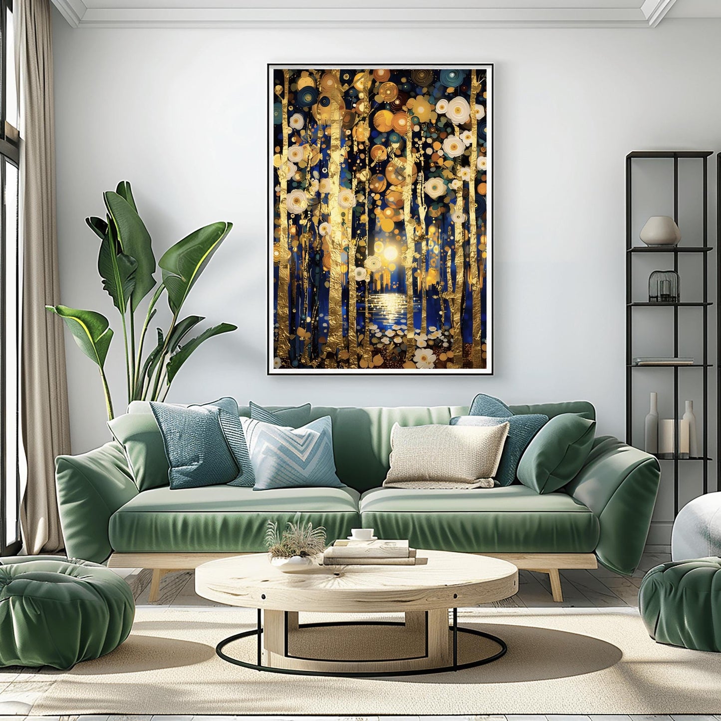 A vertical fine art print in the style of Gustav Klimt. Slender, textured gold leaf tree trunks stand against a dark midnight blue background. The sky and ground are filled with glowing white and gold circular flower patterns. In the center, a distant moon reflects in a small pool of water.