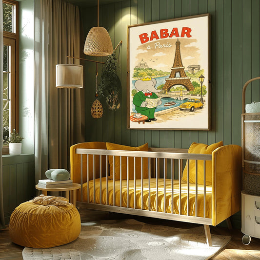 A vertical children's illustration poster with an aged, vintage parchment background. At the top, "BABAR à Paris" is written in large red and white letters. King Babar, in a green suit and crown, stands in the foreground holding a paper map. The background features the Eiffel Tower, the Arc de Triomphe, and the Sacré-Cœur Basilica on a hill. A yellow vintage car and a riverboat on the Seine are also visible. In the bottom left, a cafe table holds a white coffee cup.