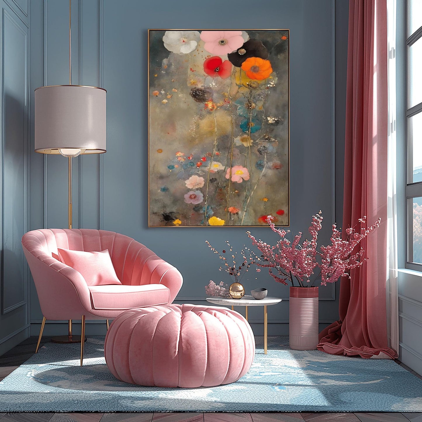 A vertical oil painting in the style of Gustav Klimt with an ethereal, muted twist. A cluster of large, soft-petaled poppies in coral, pink, and white rise from the bottom against a moody, textured grey and gold background. The painting features subtle splatters and impressionist brushwork, creating a dreamy, atmospheric garden scene.