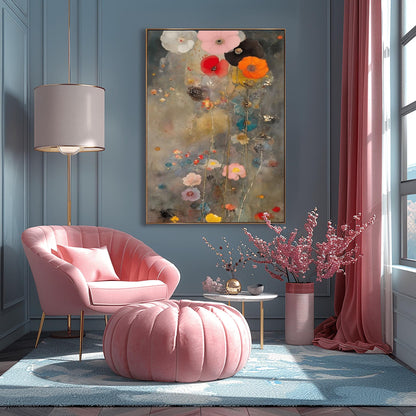 A vertical oil painting in the style of Gustav Klimt with an ethereal, muted twist. A cluster of large, soft-petaled poppies in coral, pink, and white rise from the bottom against a moody, textured grey and gold background. The painting features subtle splatters and impressionist brushwork, creating a dreamy, atmospheric garden scene.