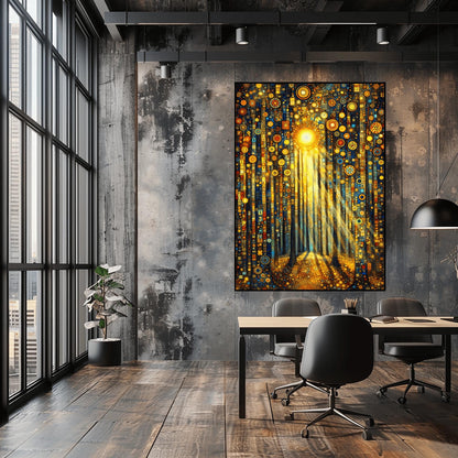 A vertical fine art print in the style of Gustav Klimt. Tall, dark tree trunks stand in a forest where the ground and sky are filled with dense gold and blue mosaic circles. A bright sun in the upper center casts long, golden pillars of light down through the trees, illuminating the patterned forest floor.