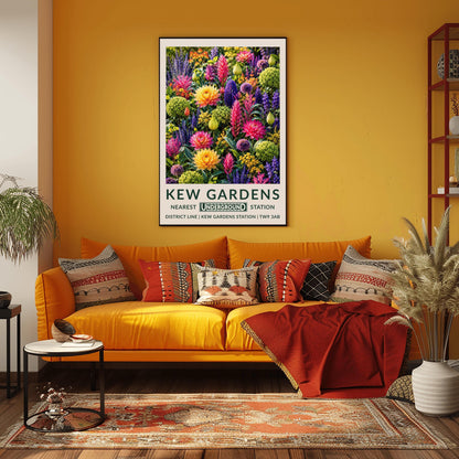 A vertical retro London Underground travel poster for Kew Gardens on a wide cream border. The top image shows a densely packed botanical illustration of a vibrant summer flower border featuring large orange-yellow and magenta dahlias, tall pink flower spikes, purple alliums, violet lupines, and chartreuse green clusters. The bottom cream border features the text "KEW GARDENS" in dark green, followed by "NEAREST UNDERGROUND STATION"