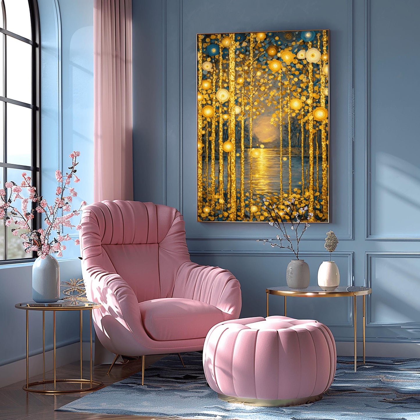 A vertical fine art print in the style of Gustav Klimt. Several slender tree trunks made of sparkling gold leaf stand in the foreground. They are adorned with glowing gold and ivory circular patterns. A calm river in the center reflects a soft, hazy golden sun on the horizon. The background is a soft blue-grey.
